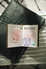 Open passport with colorful stamps and travel accessories.