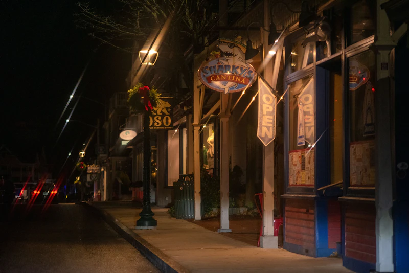 Small-town Florida main street storefronts glowing with decorative LED lighting at night