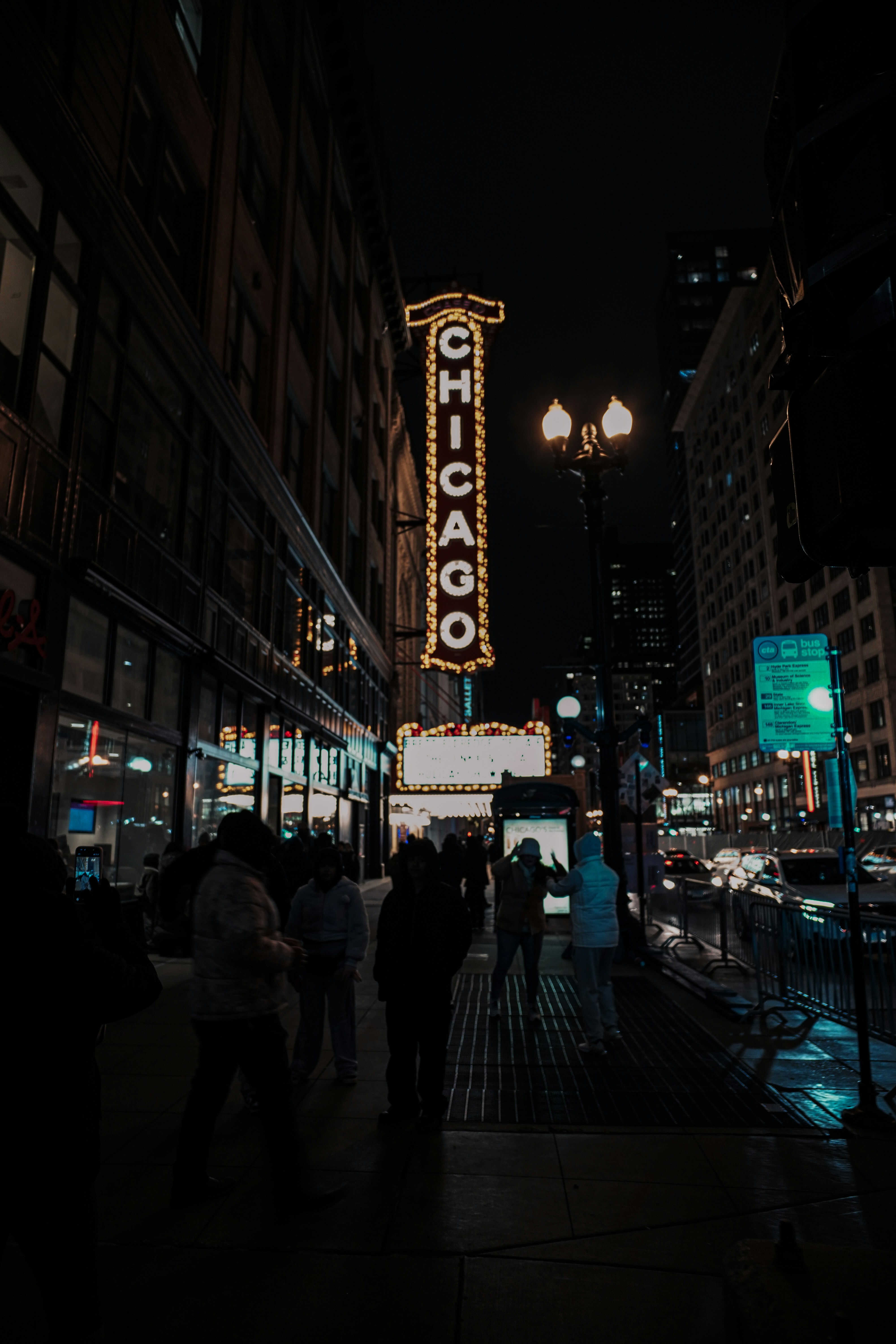 Chicago theater marquee lit up at night