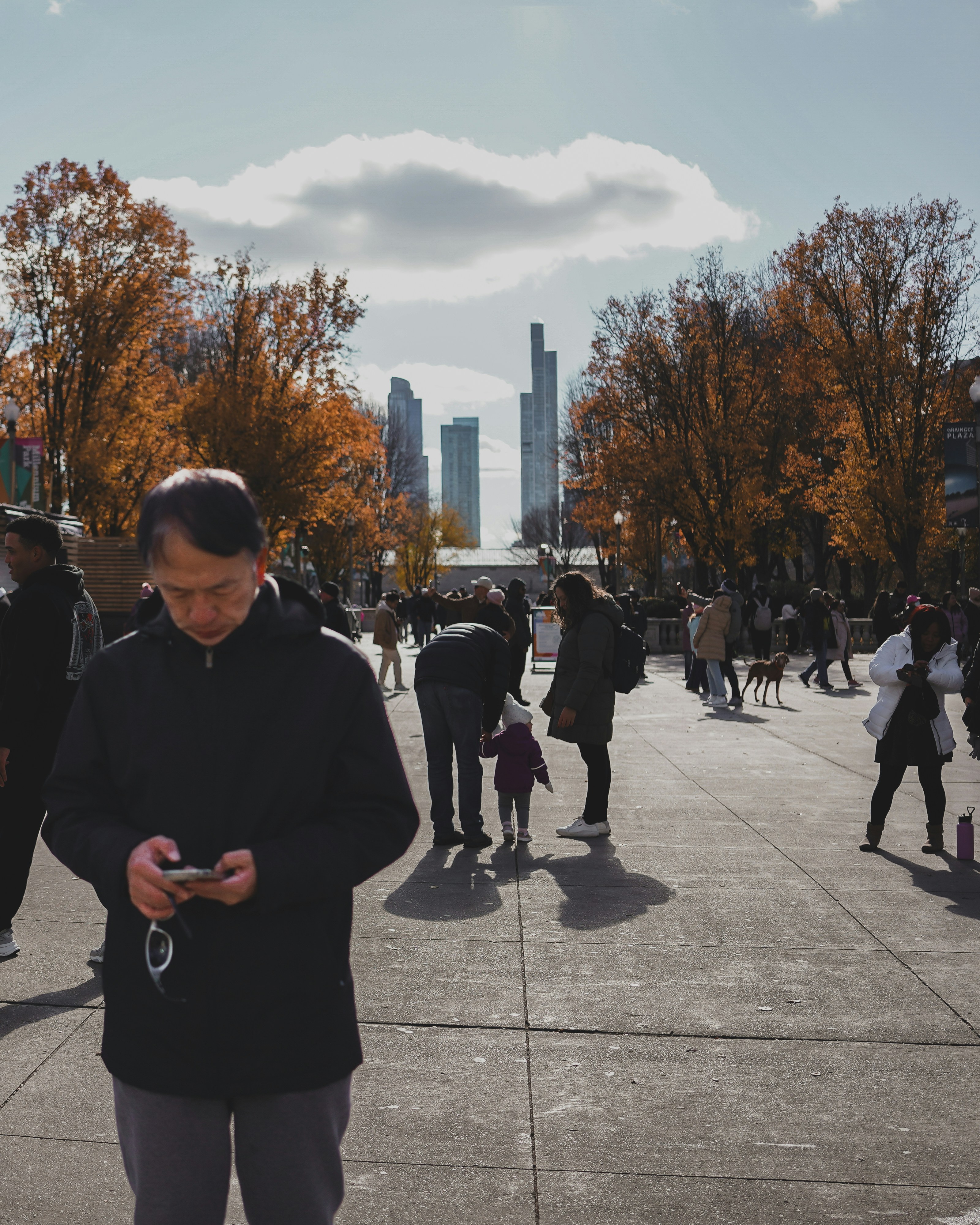 People walking in a city park with autumn trees.