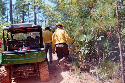 Two firefighters walk near a utility vehicle in a forest.