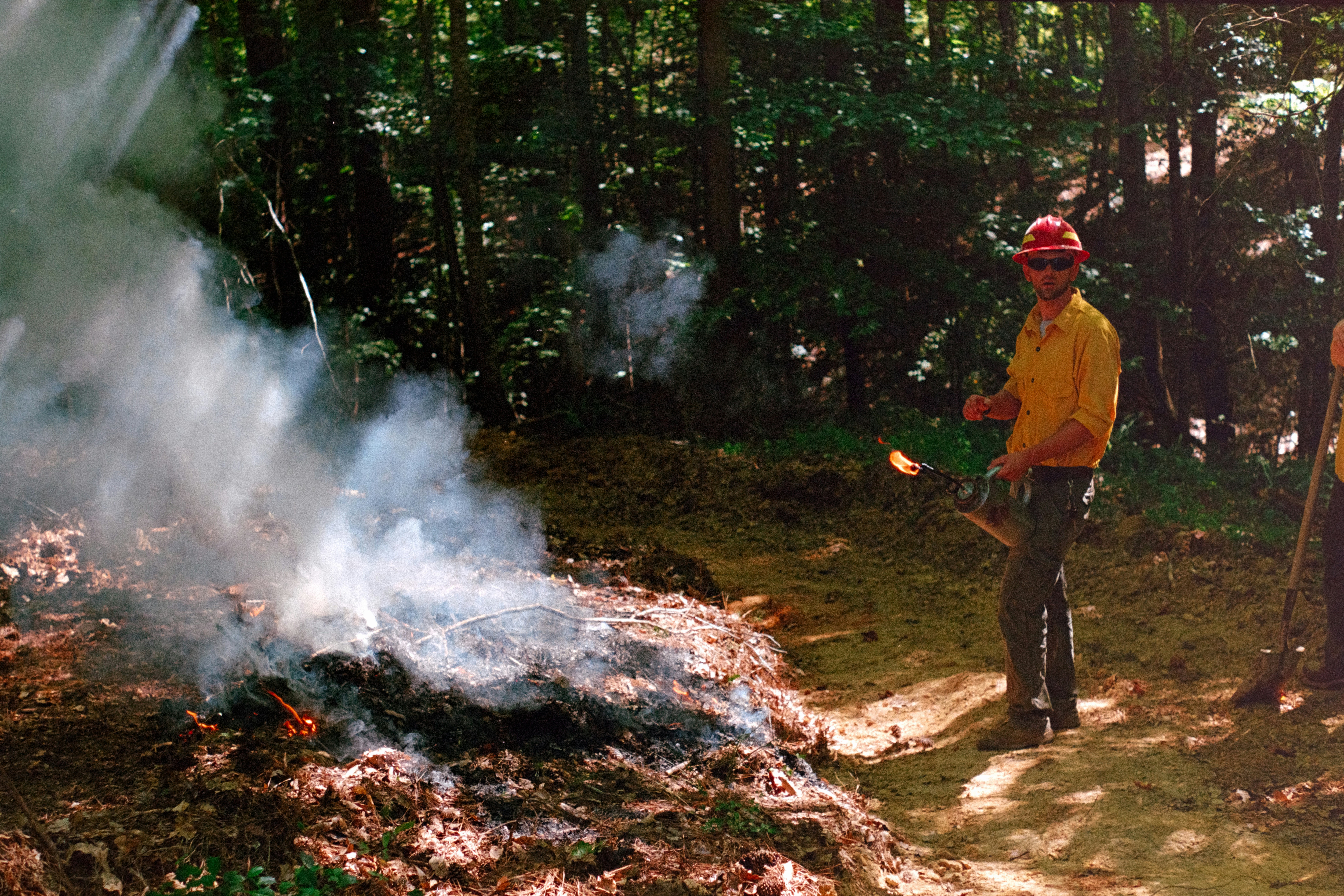 Man in hard hat near smoky fire in forest fire.