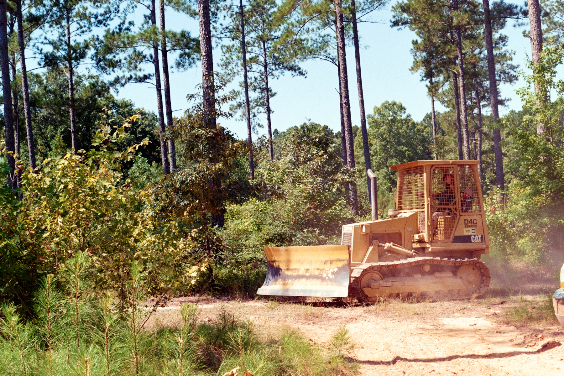 Heavy equipment working on a wooded property similar to projects around the St. Louis region