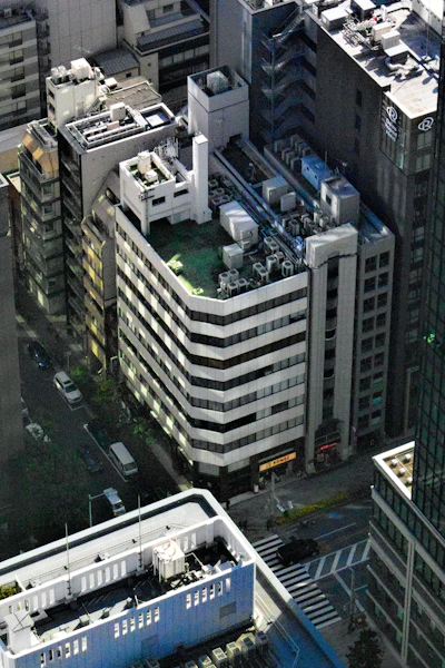 Aerial view of a dense urban cityscape with buildings.