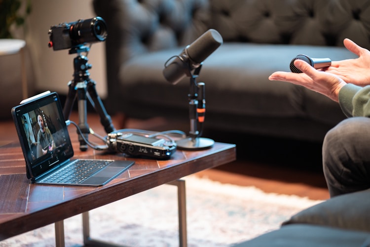 Long-form creator recording setup with camera and microphone