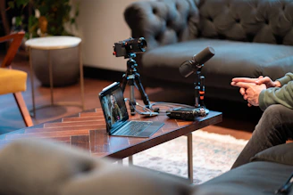 Camera, microphone, and laptop set up for recording