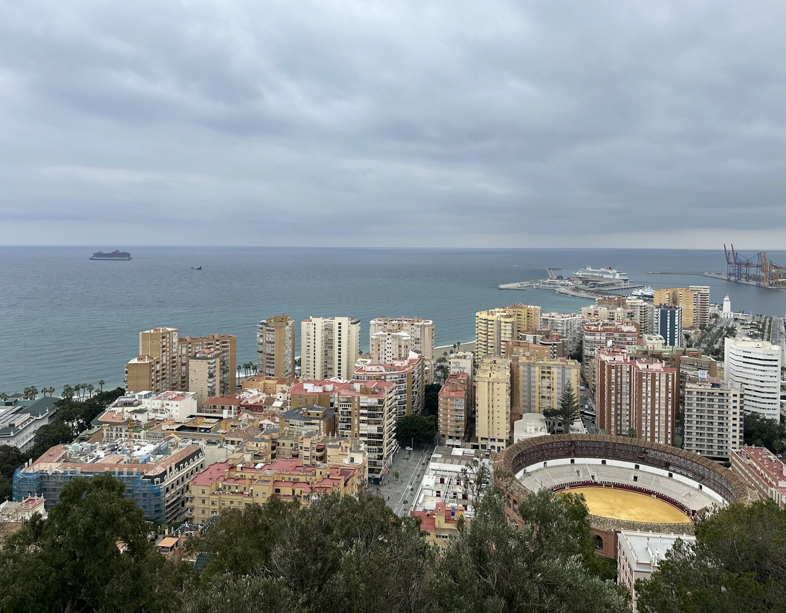 Málaga looking toward the port, bullring, and Mediterranean Sea