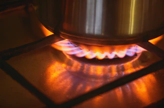 A pot sits on a gas stove burner with flames.