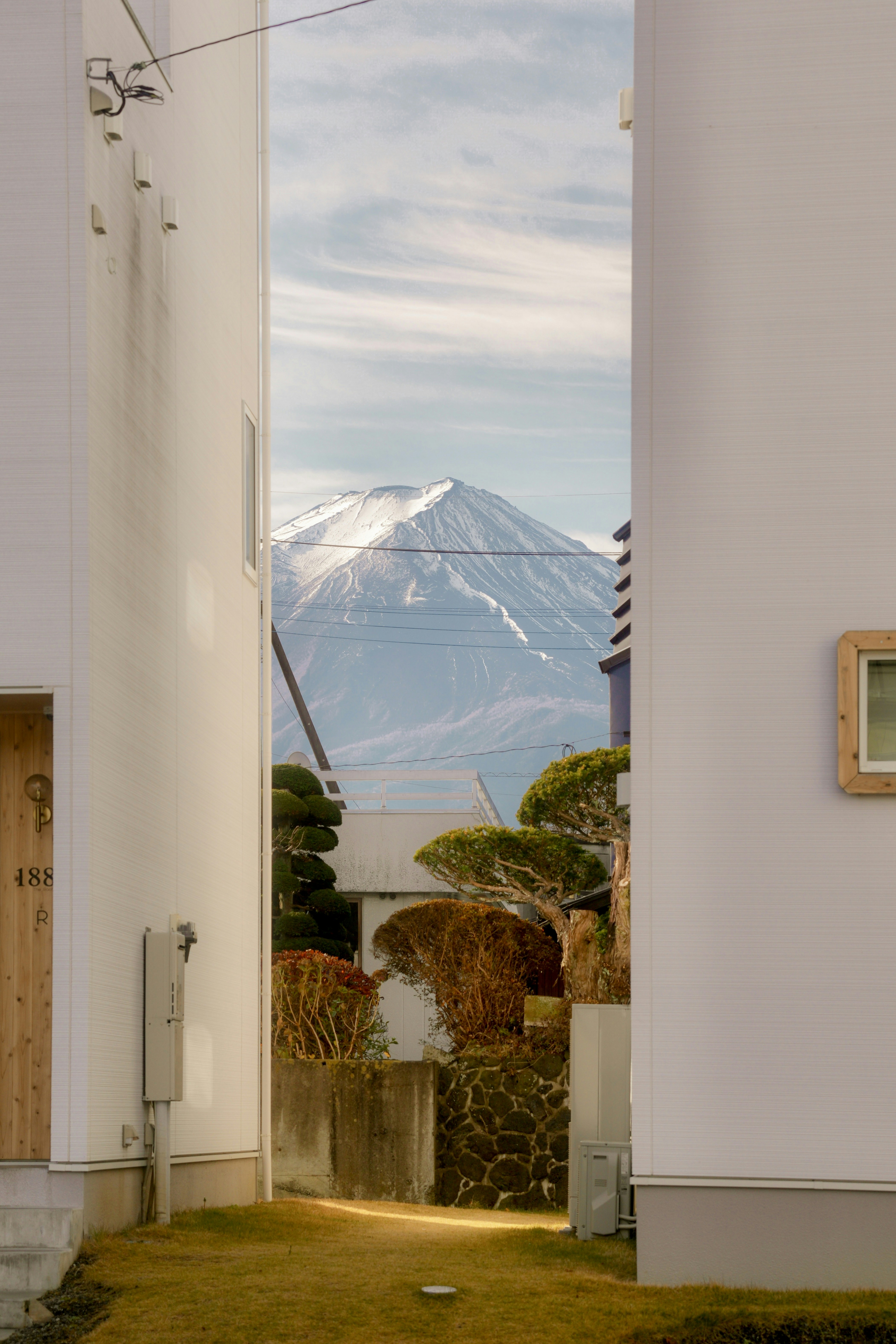 Snow-capped mount fuji seen between two buildings.