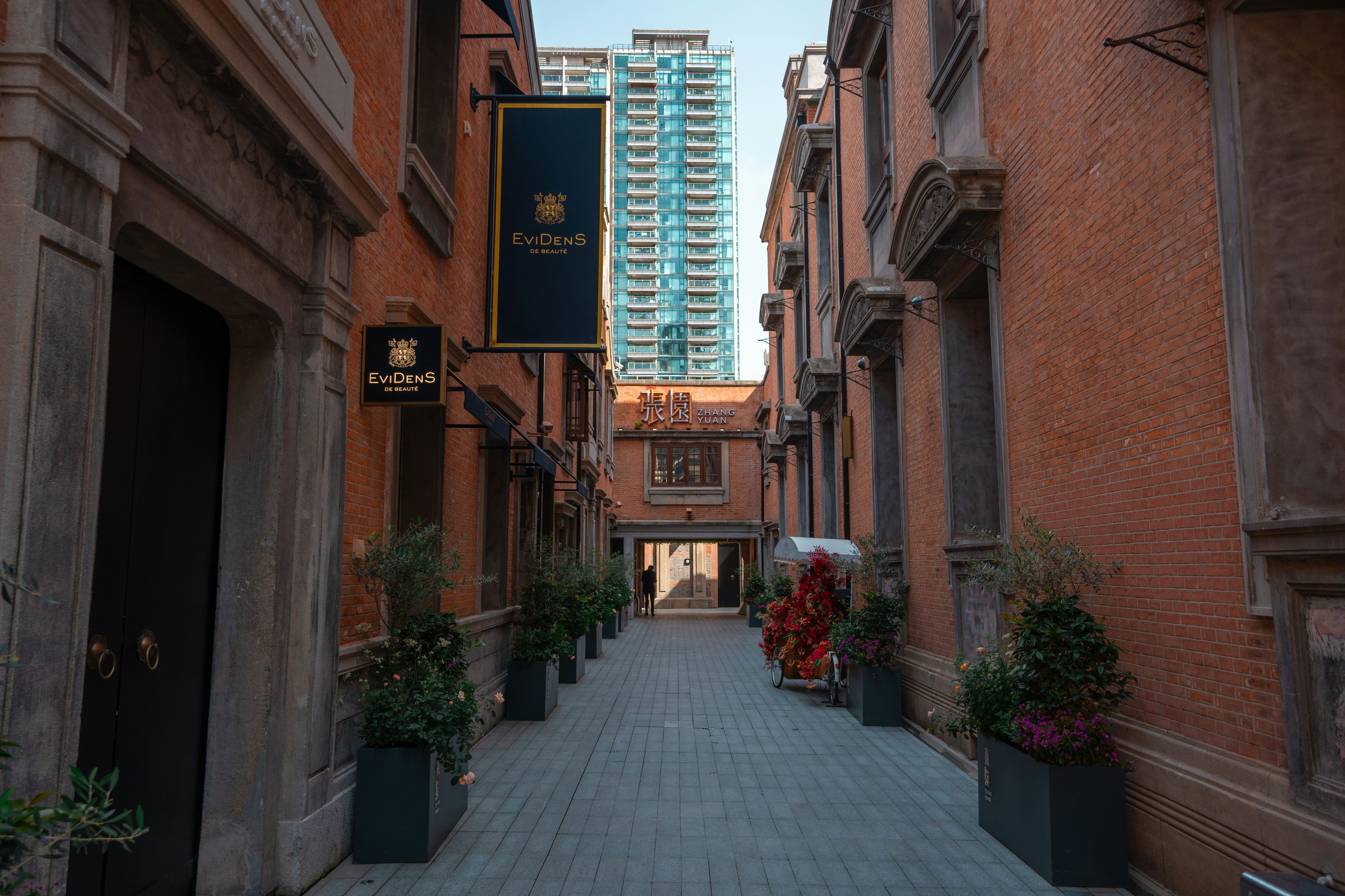 Narrow cobblestone alleyway with brick buildings and plants.