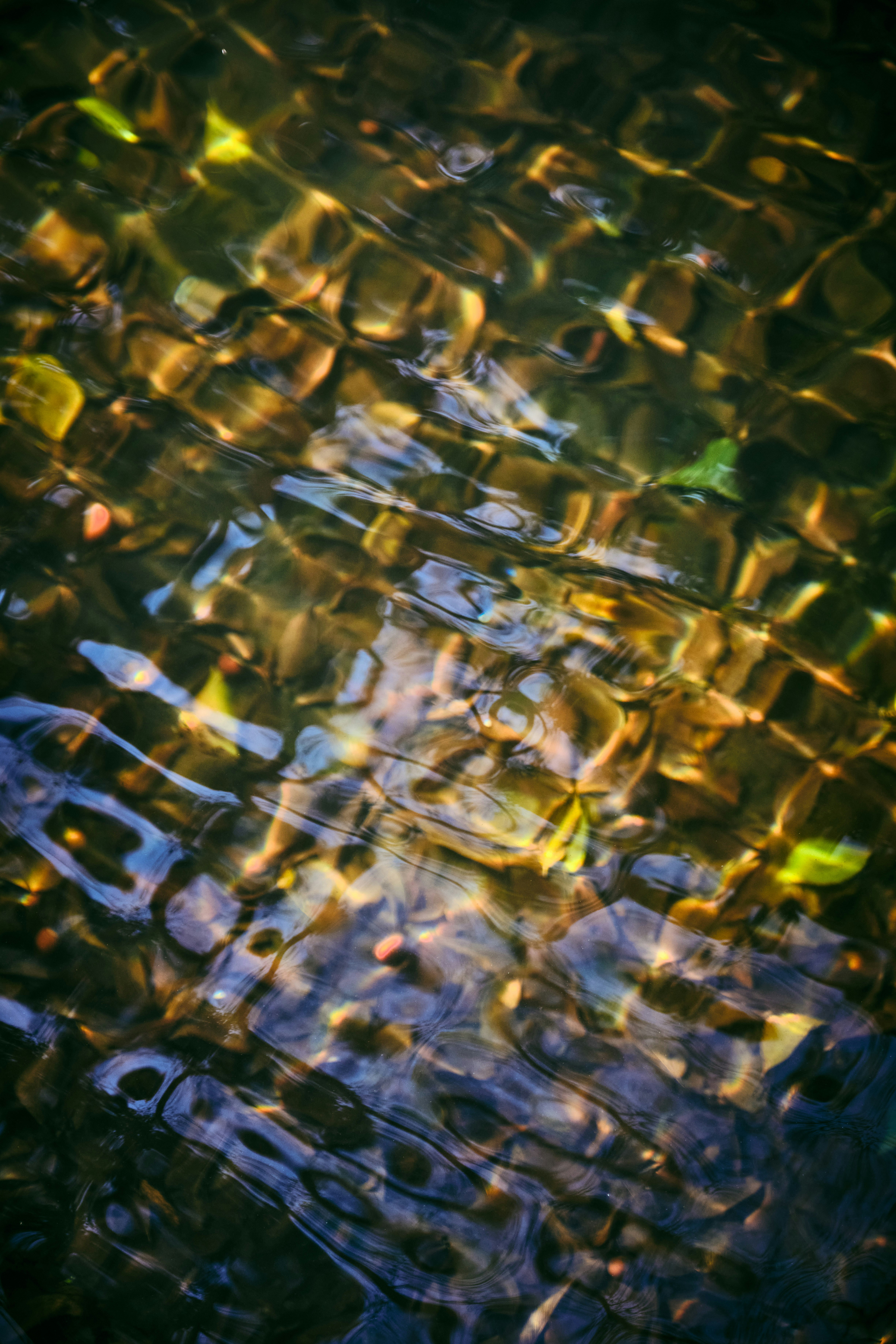 Sunlight reflects on rippling water over colorful pebbles.