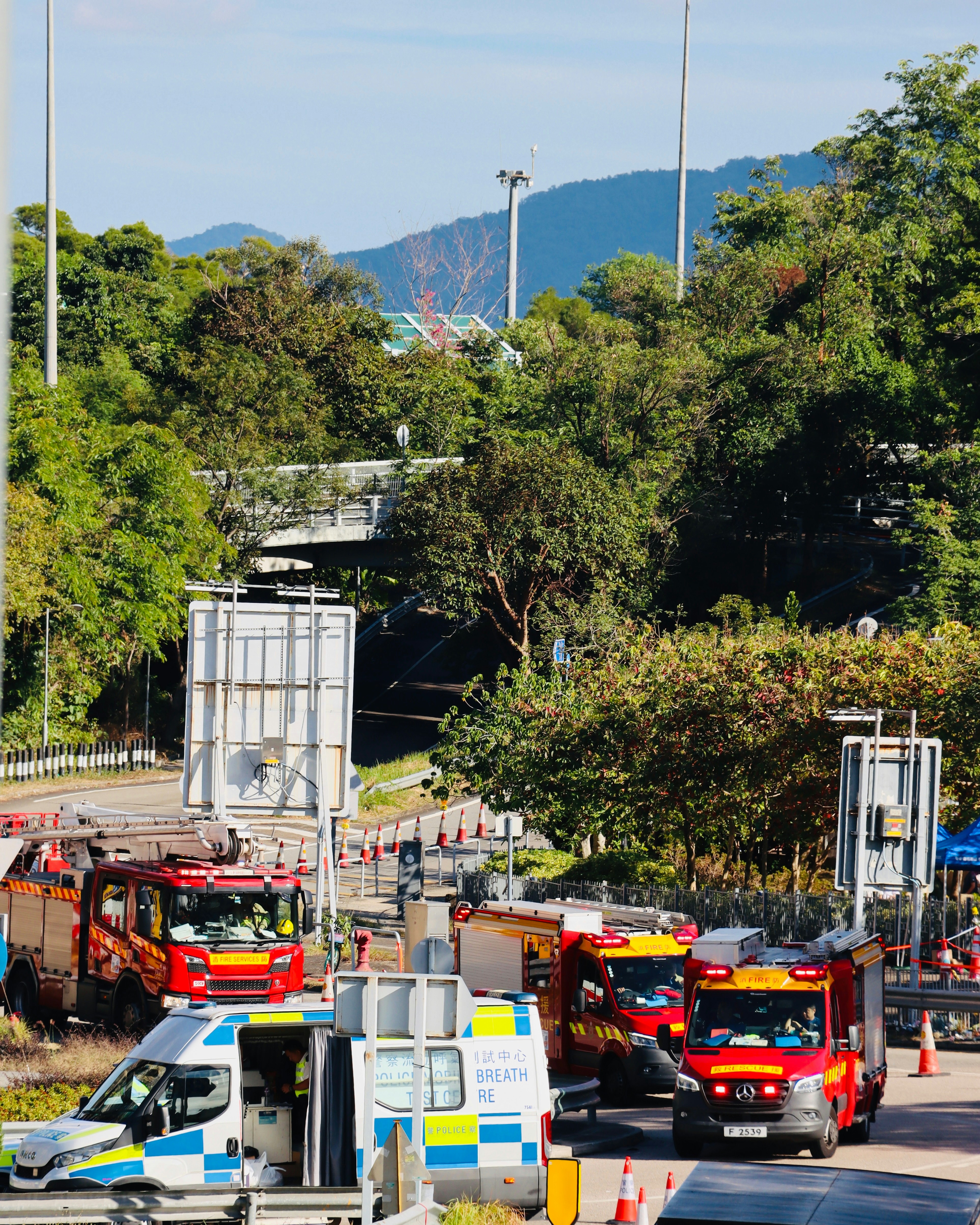 Emergency vehicles gathered near a highway overpass.