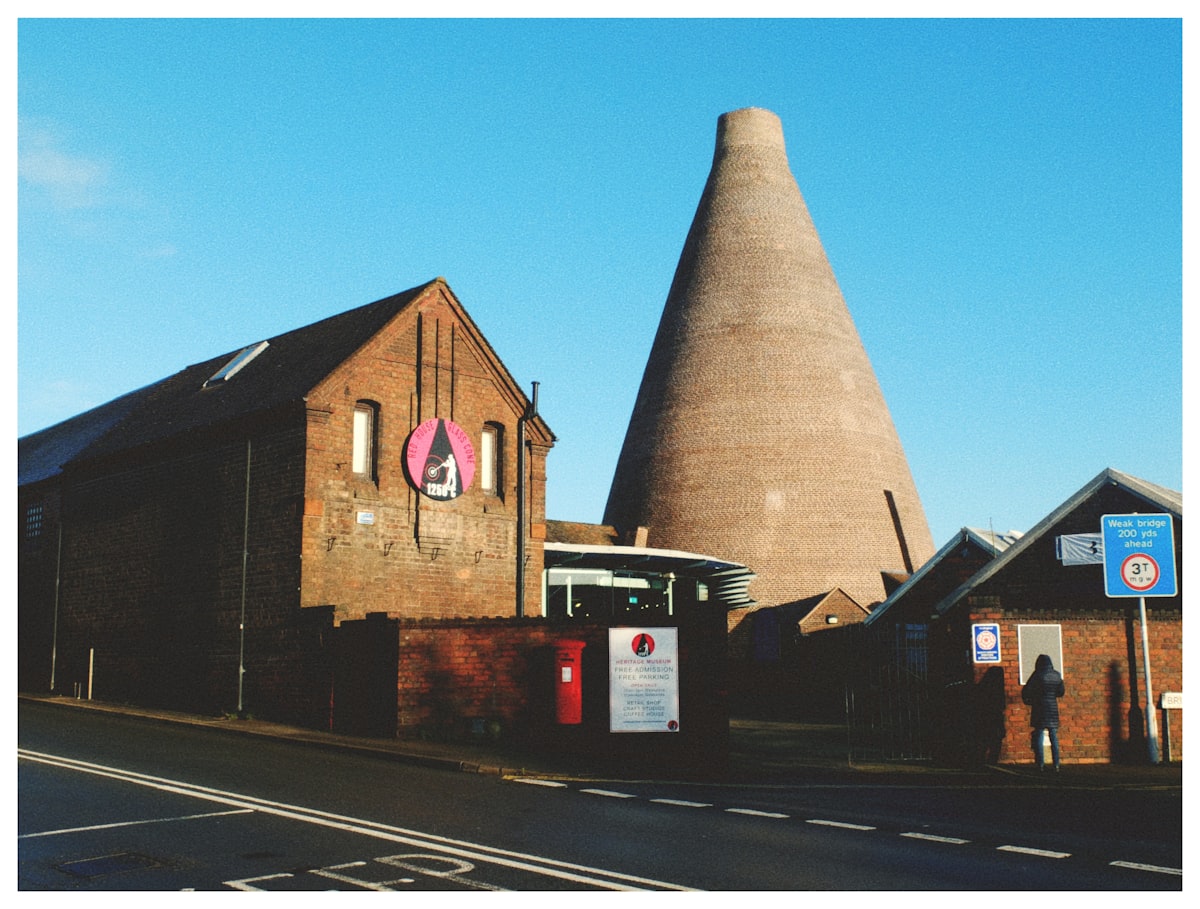 Historic bottle kilns of the Potteries in Stoke-on-Trent against a blue sky