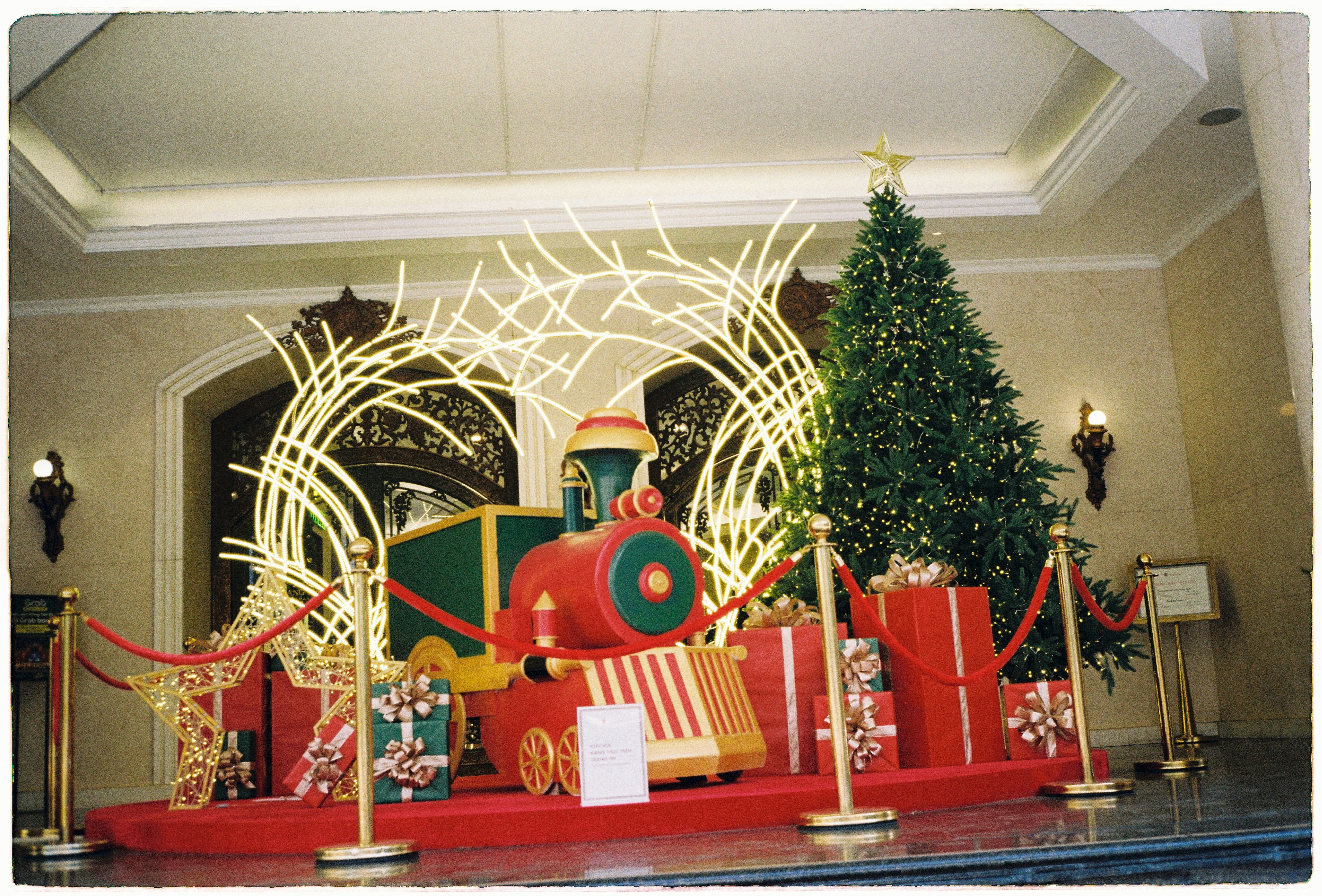 Christmas train decoration with gifts and tree