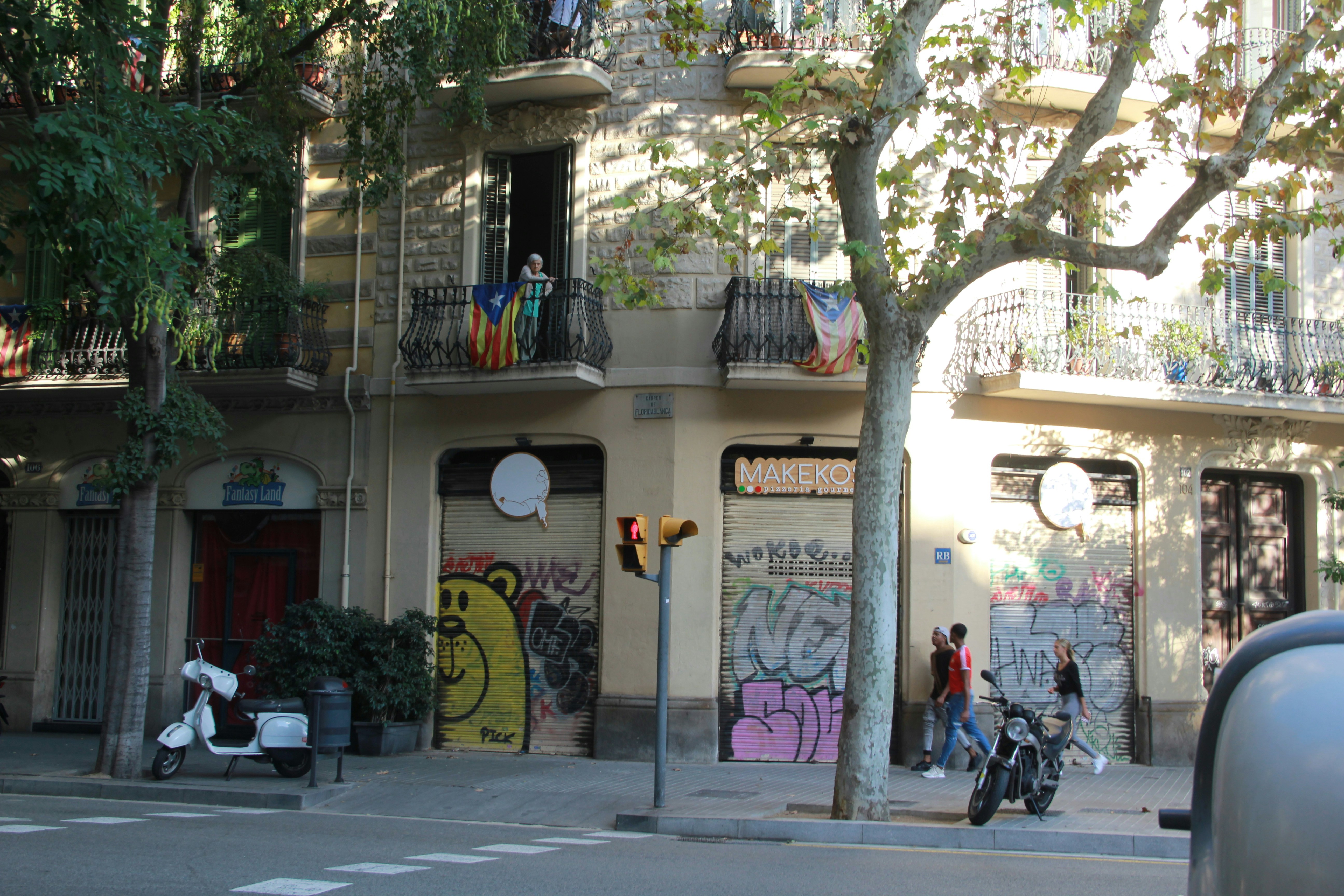 Building with balconies and graffiti on street