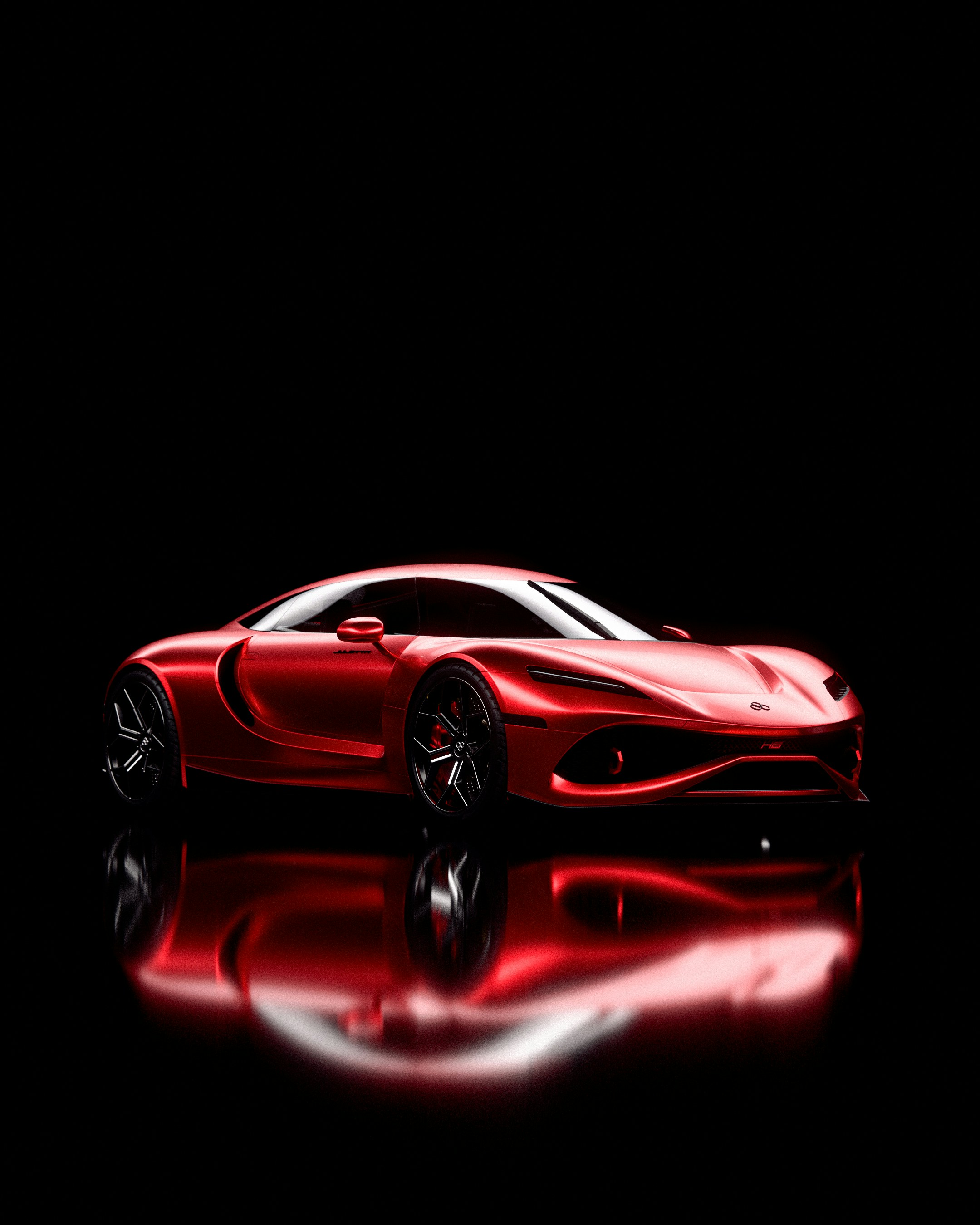 Sleek red sports car on a reflective black surface.