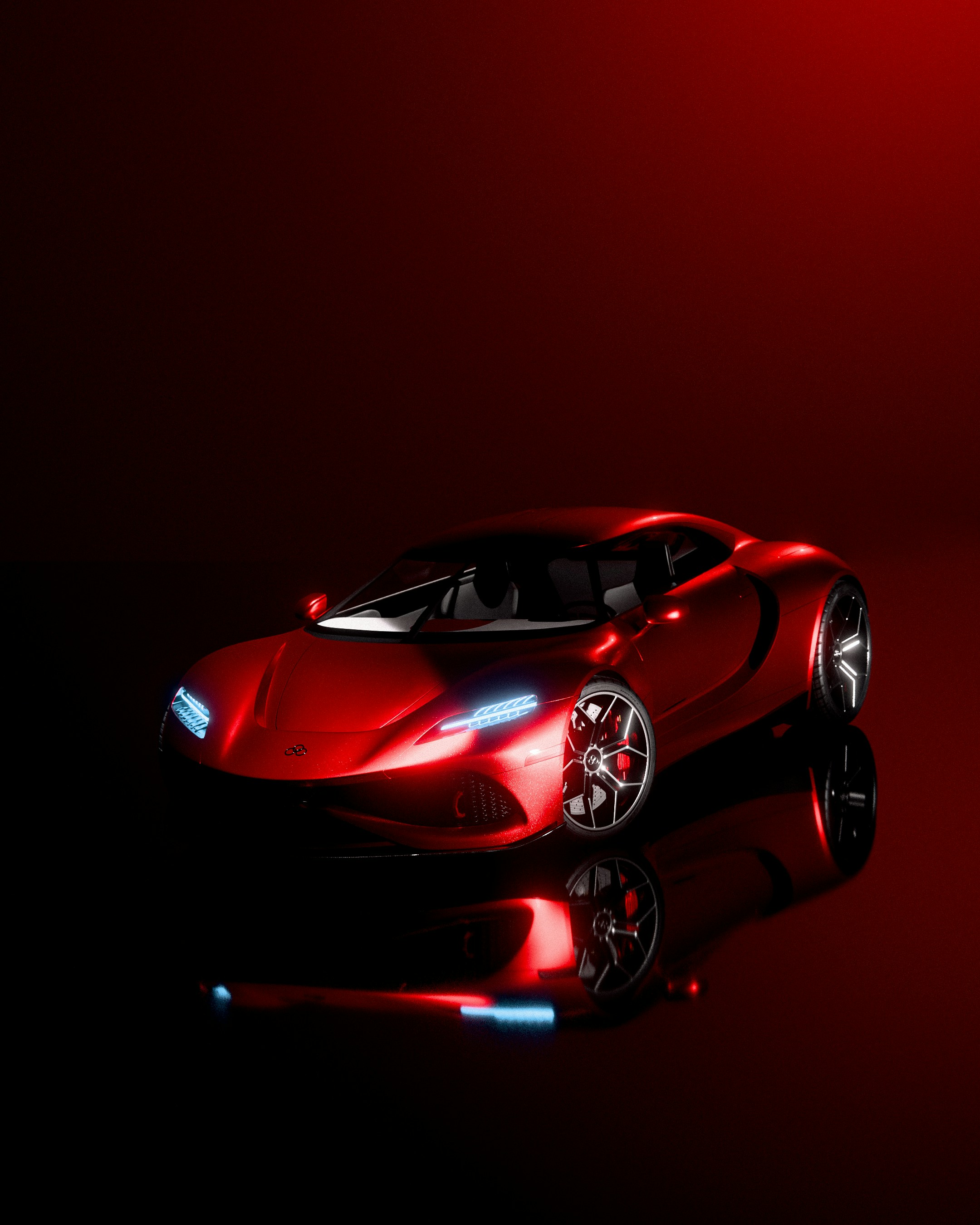 A sleek red sports car on a reflective surface.