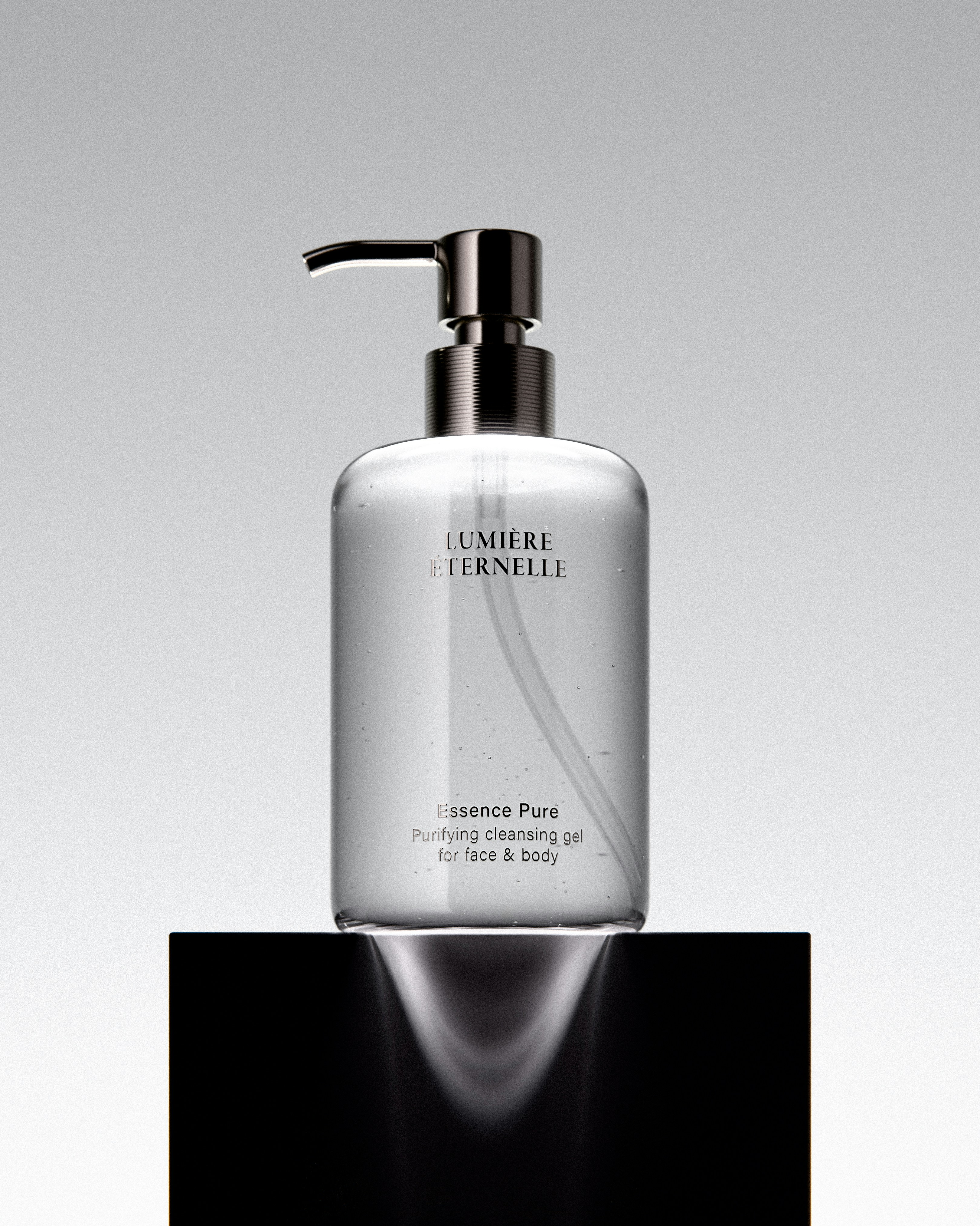 A clear bottle of cleansing gel with a pump dispenser.