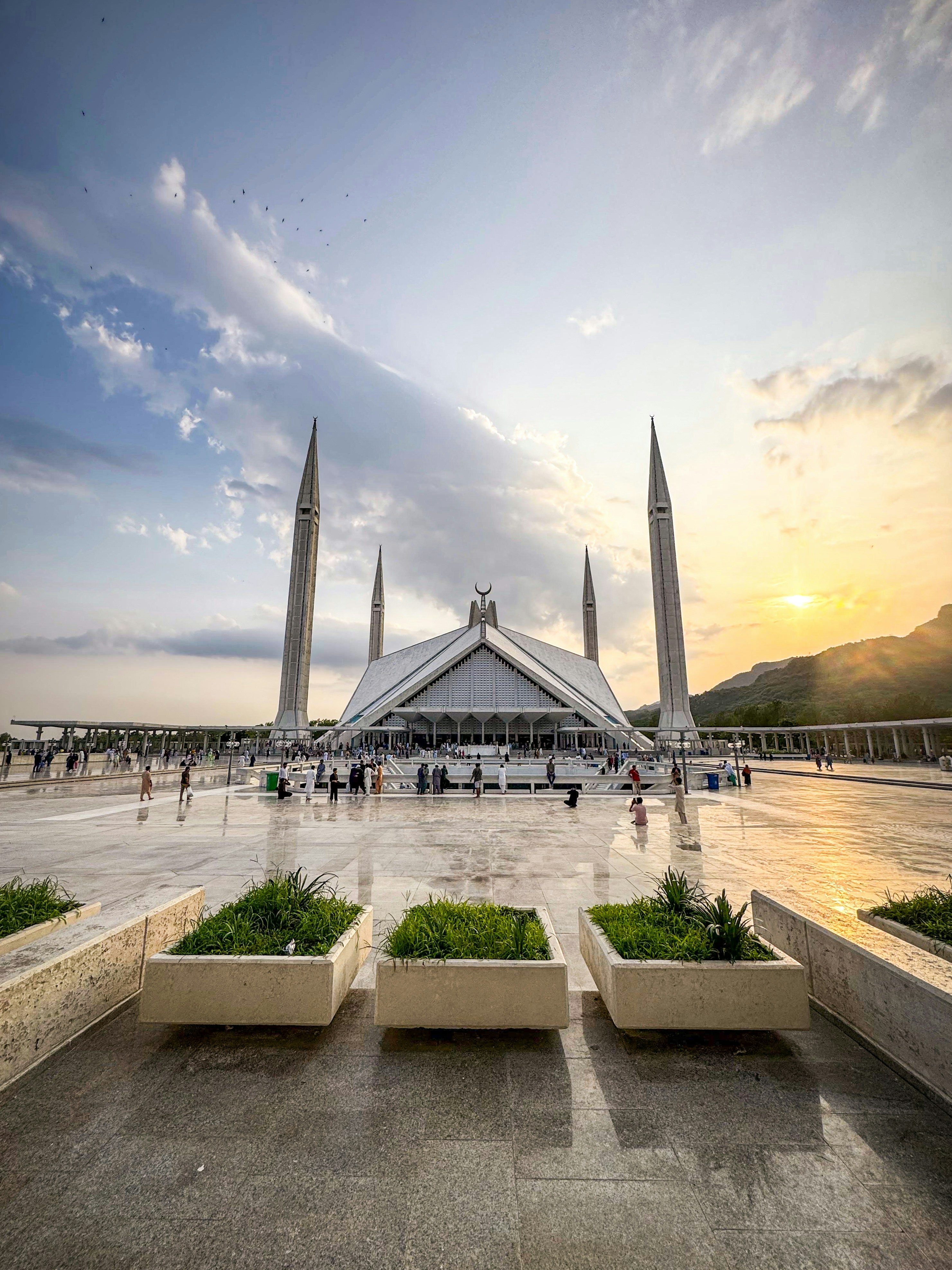 Faisal Mosque with the Margalla Hills at sunset in Islamabad, Pakistan