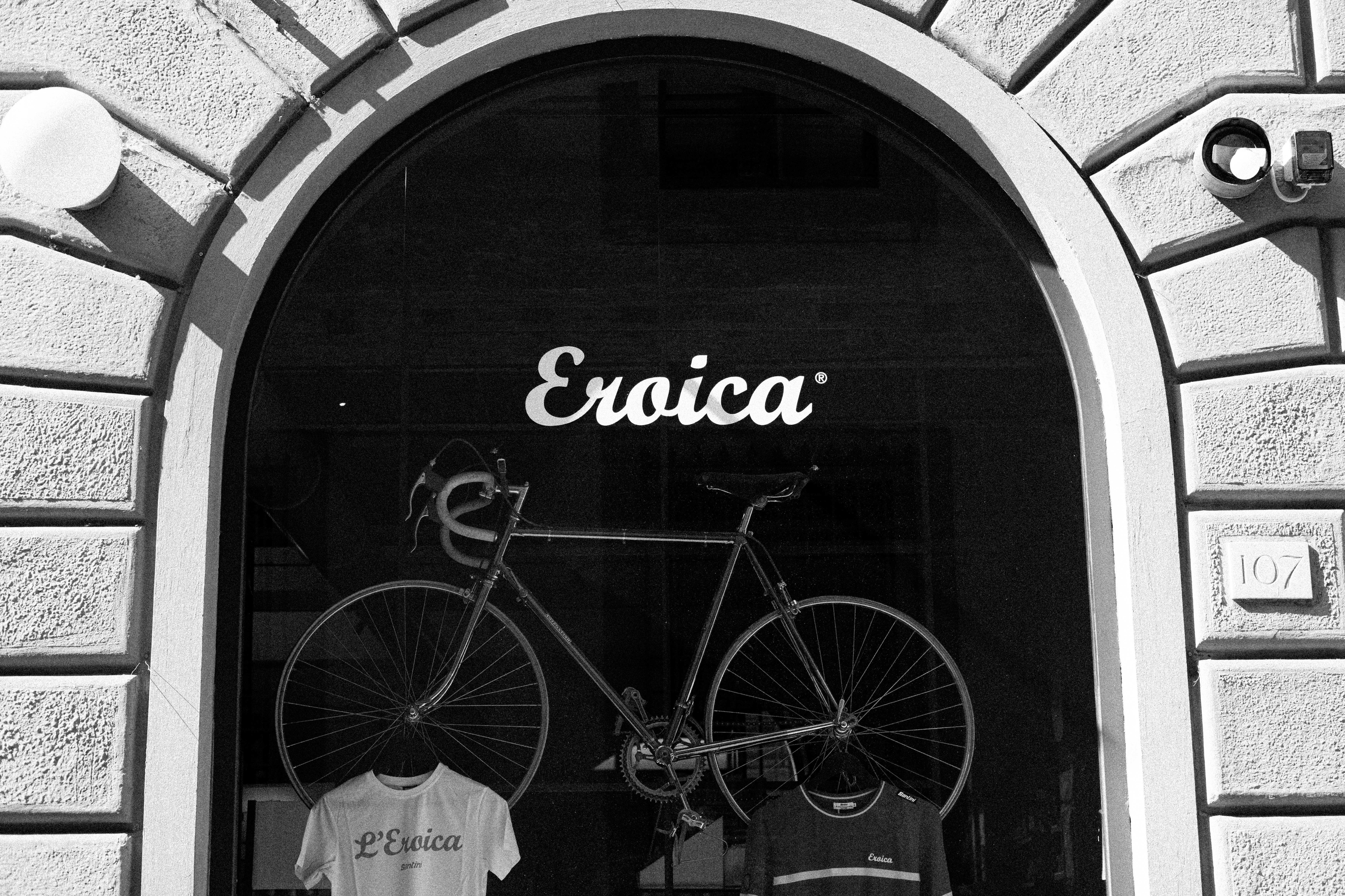 Bicycle displayed in a shop window with 