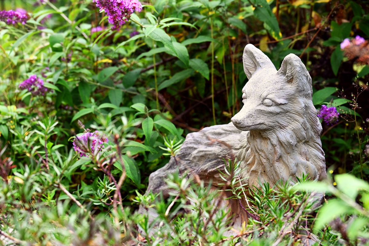 stone-fox-statue-nestled-among-purple-flowers-uvCDots1rtw collection background image