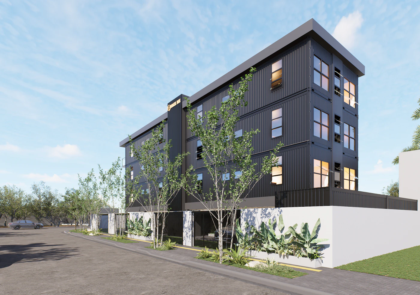 Modern dark building facade among trees
