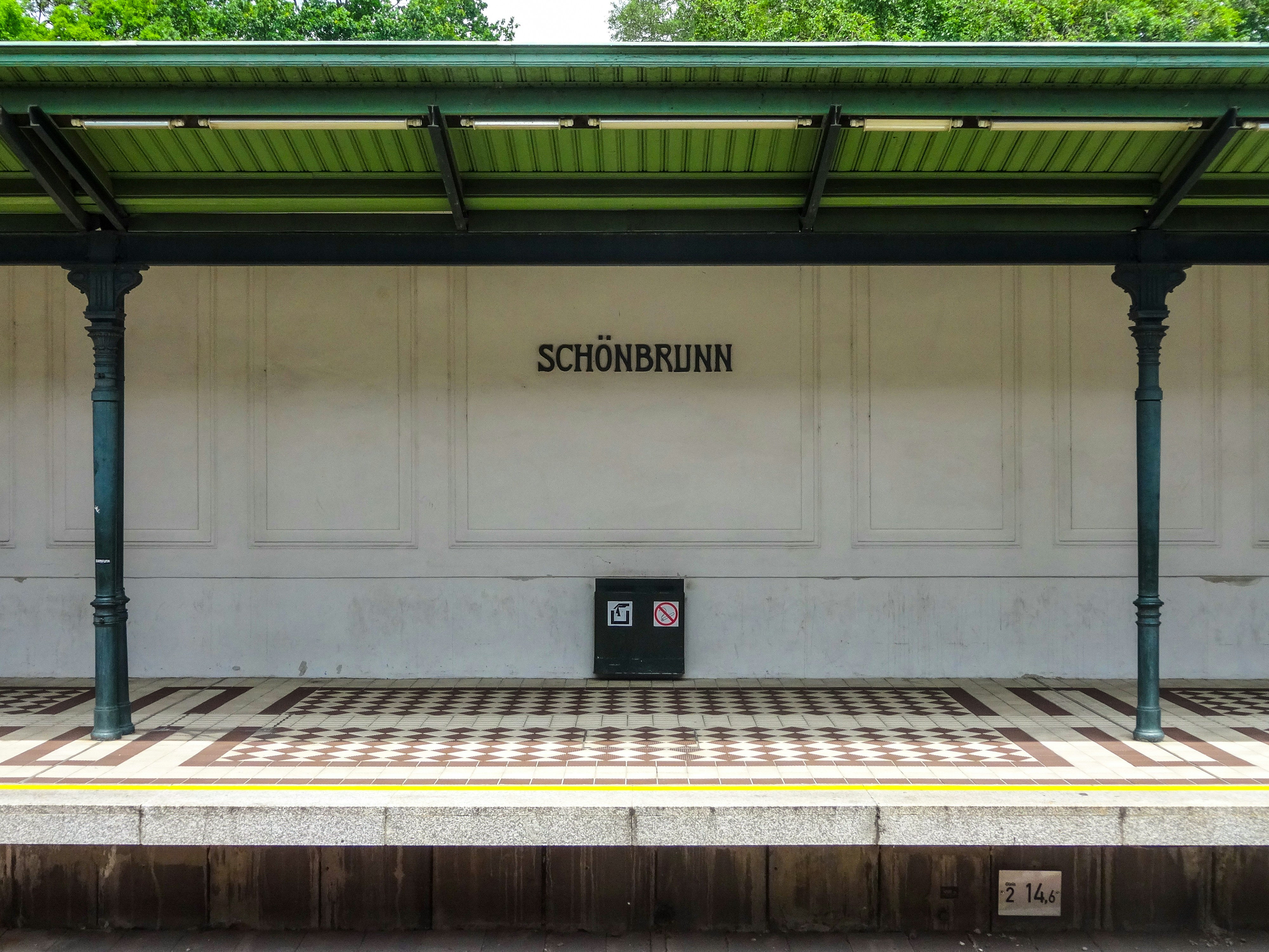 Schönbrunn station platform with green roof