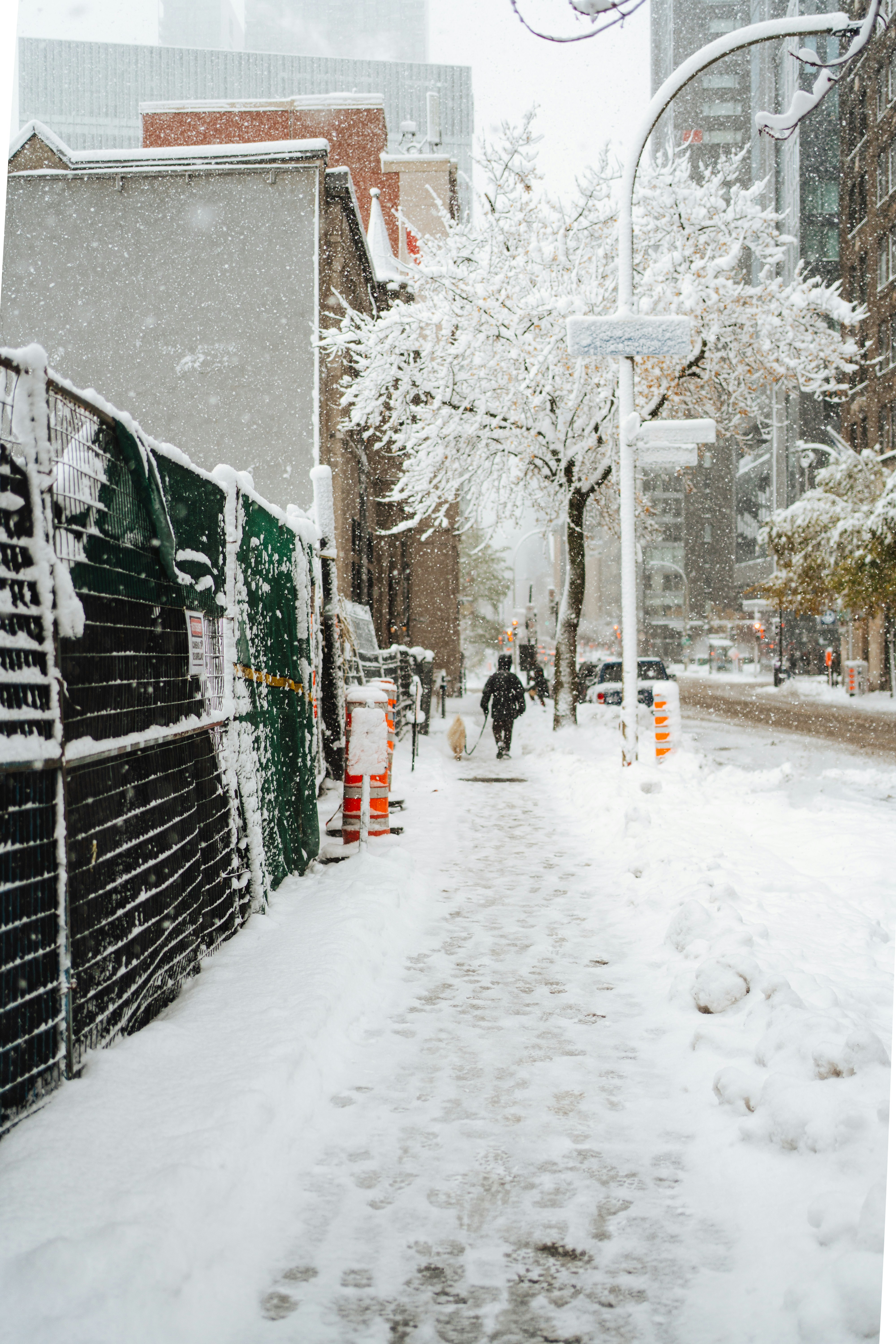 People walk on a snow-covered city sidewalk during snowfall.