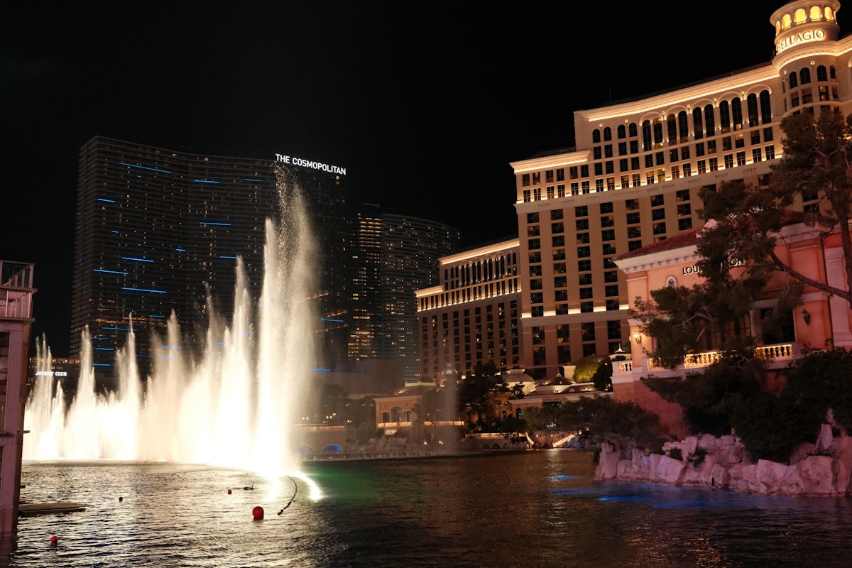 Bellagio fountains and Las Vegas Strip illuminated at night