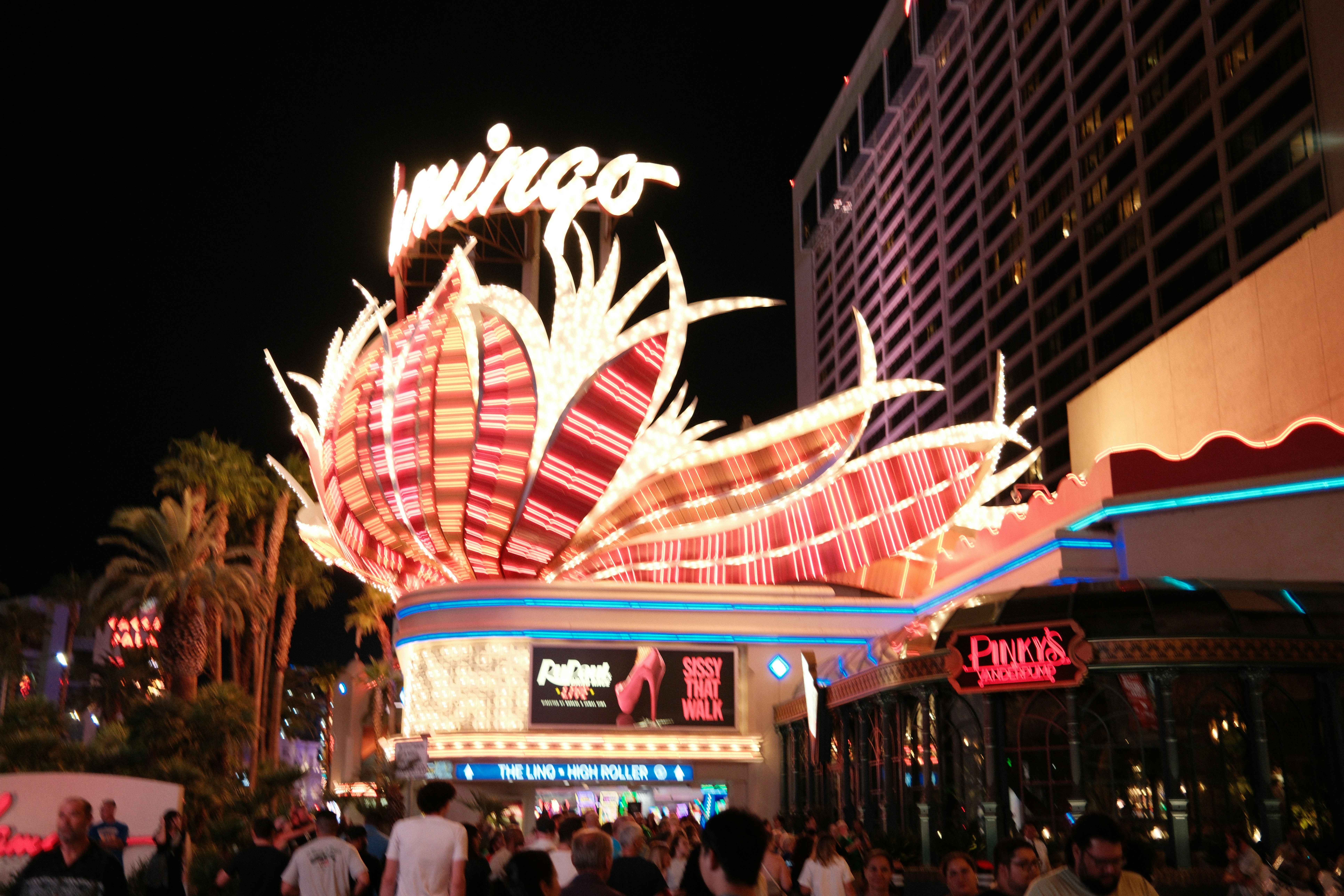 Flamingo hotel and casino entrance at night