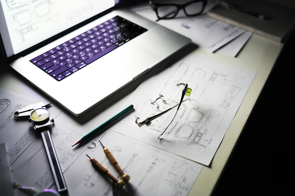 Working drawings, a tablet and site instruments laid out on a desk