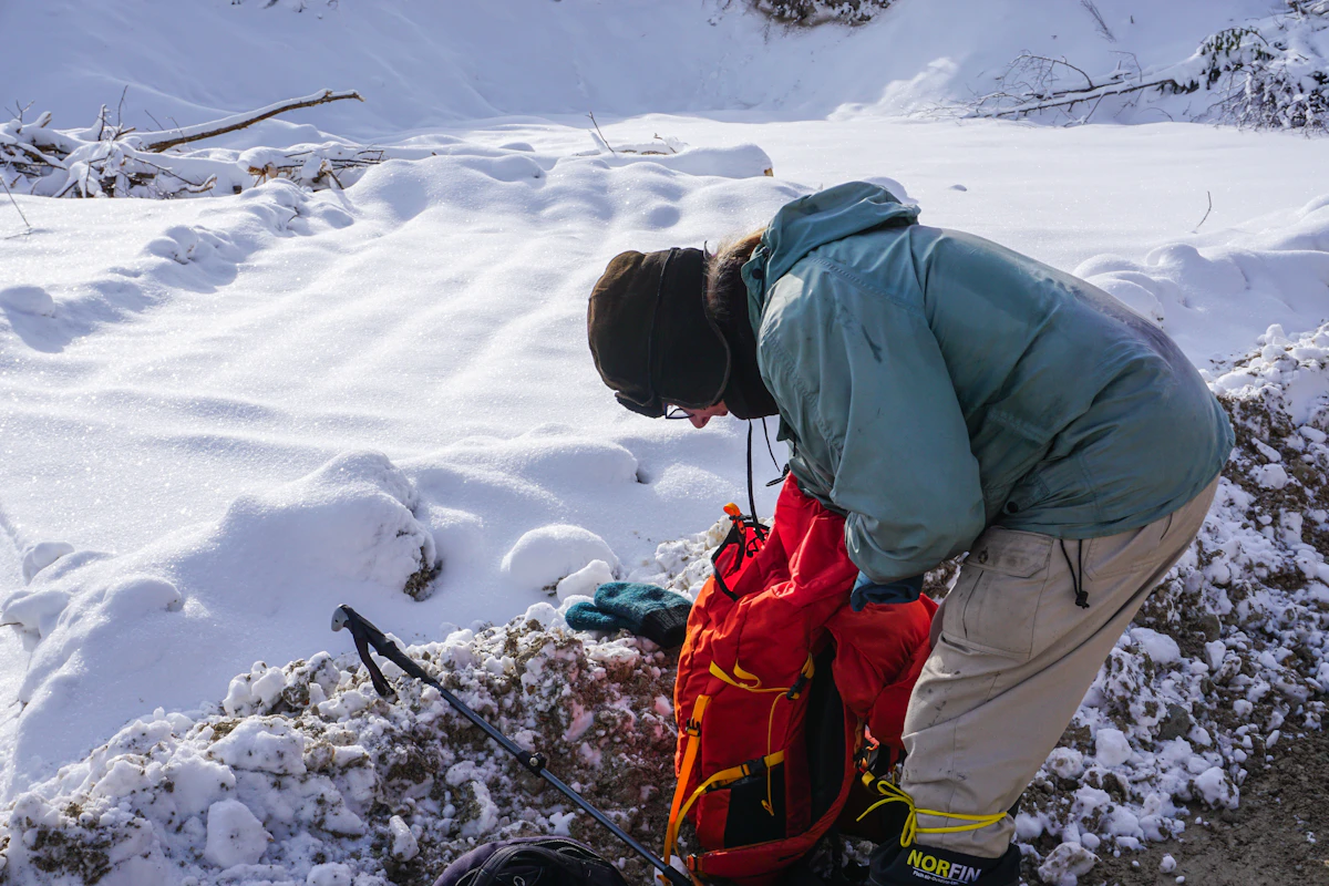 Hiker using trekking poles in winter terrain — strong case for pole use