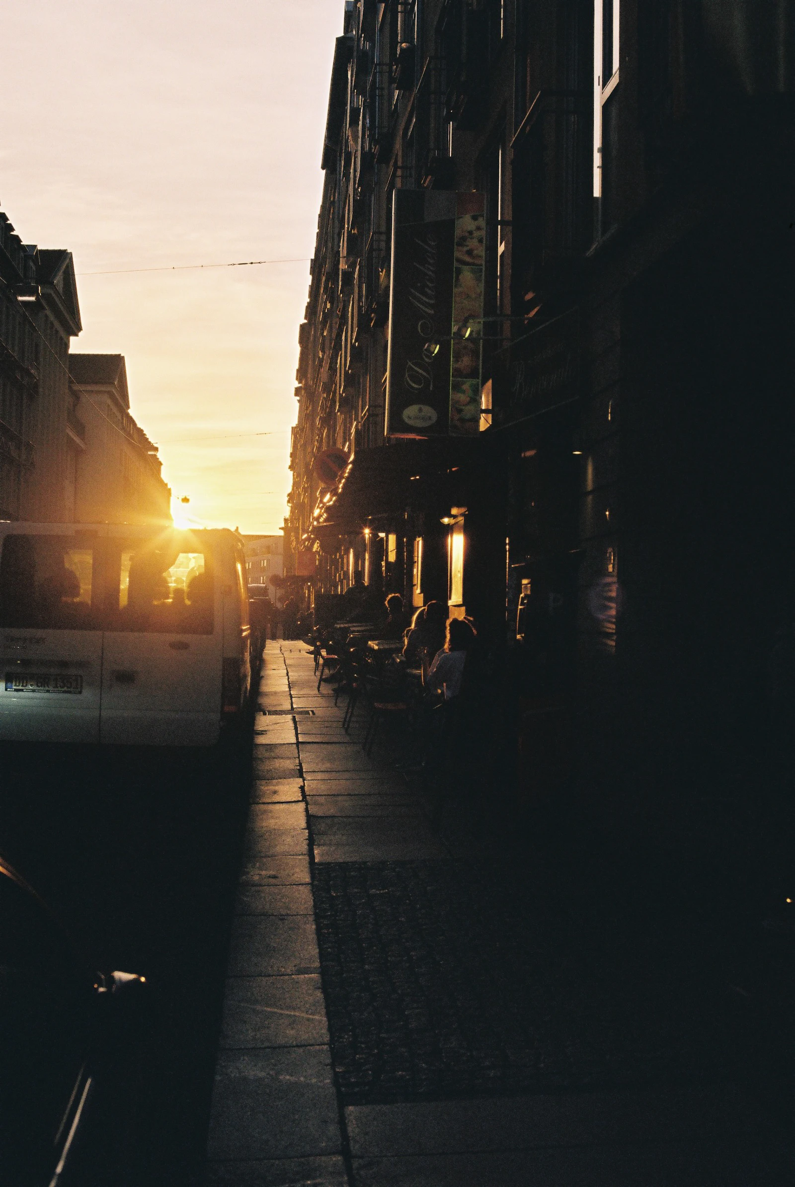 City architecture and street at sunset