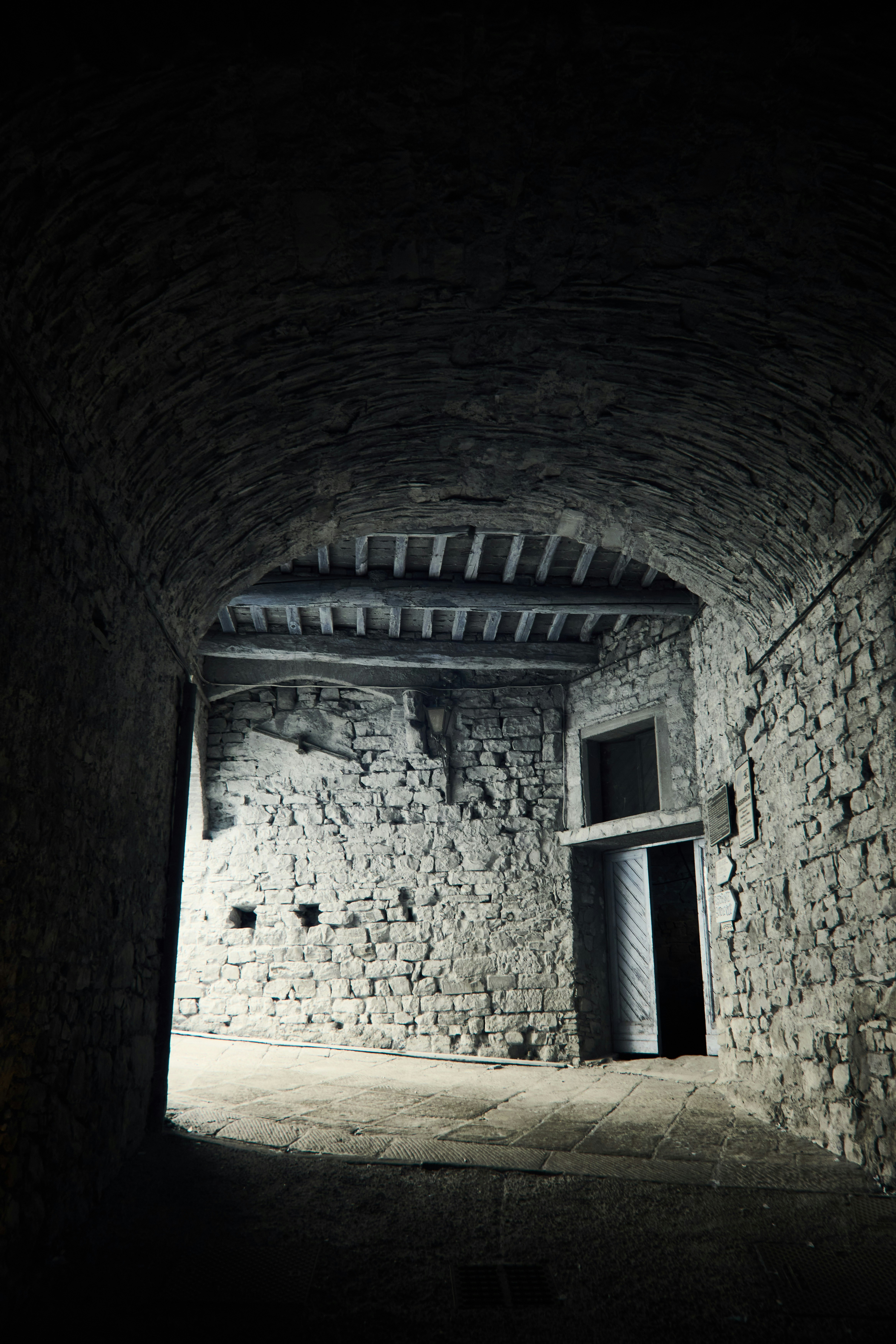 Stone alleyway with arched ceiling and open doorway