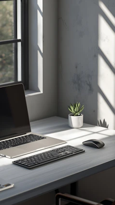 Desk with laptop, mouse, and plant representing remote support for business leaders
