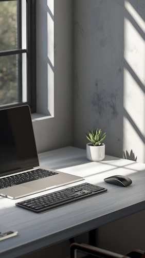 Desk with laptop, mouse, and plant representing remote support for business leaders