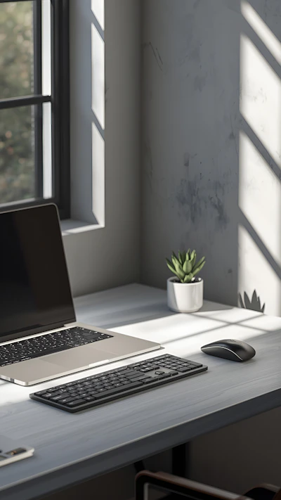 Laptop, keyboard, and mouse on a desk with sunlight.