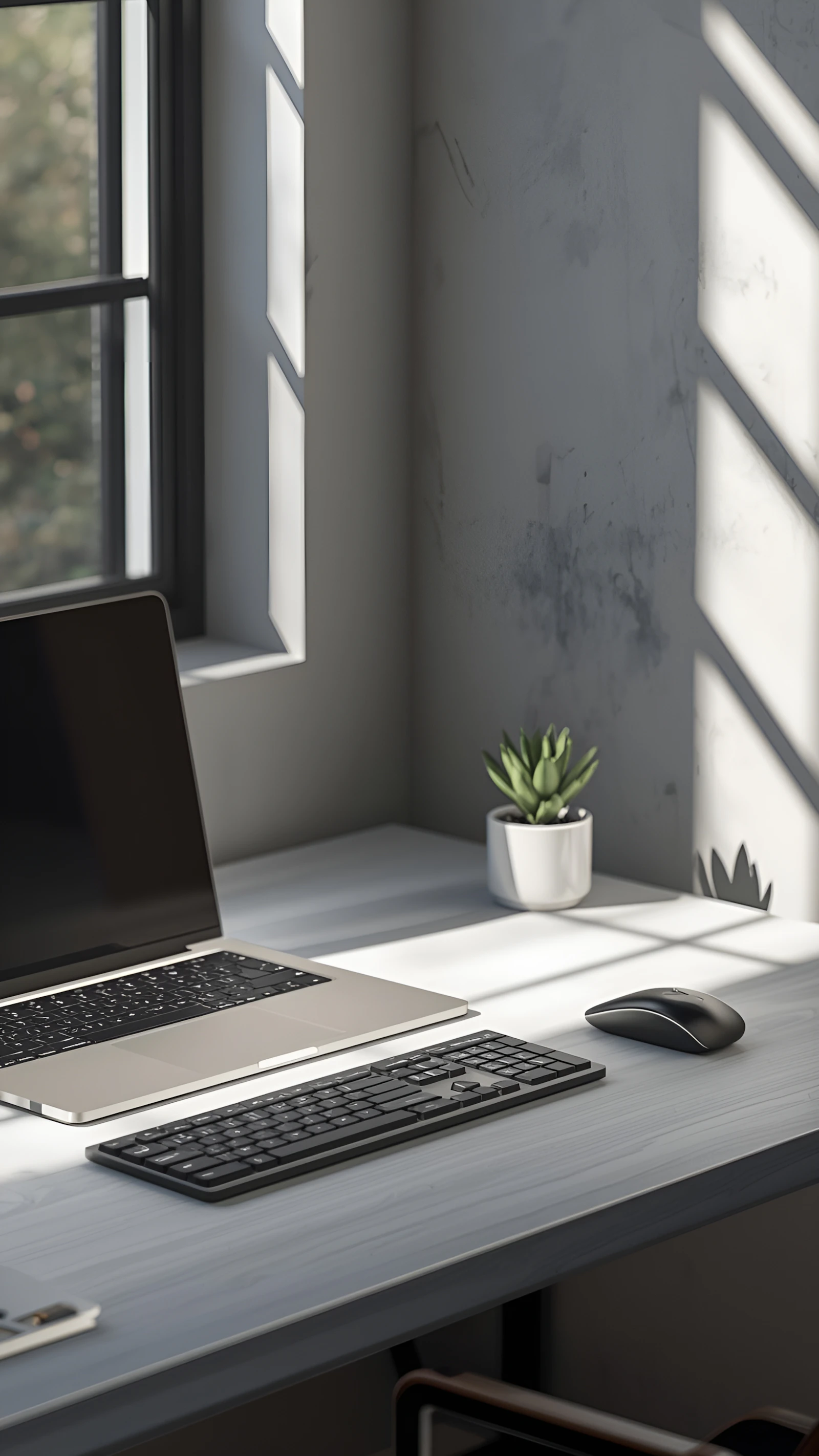 Minimal computer workspace illuminated by natural sunlight near a window