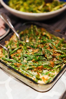 Creamy green bean casserole with crispy topping