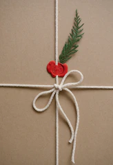 Brown gift box tied with white string and red seal