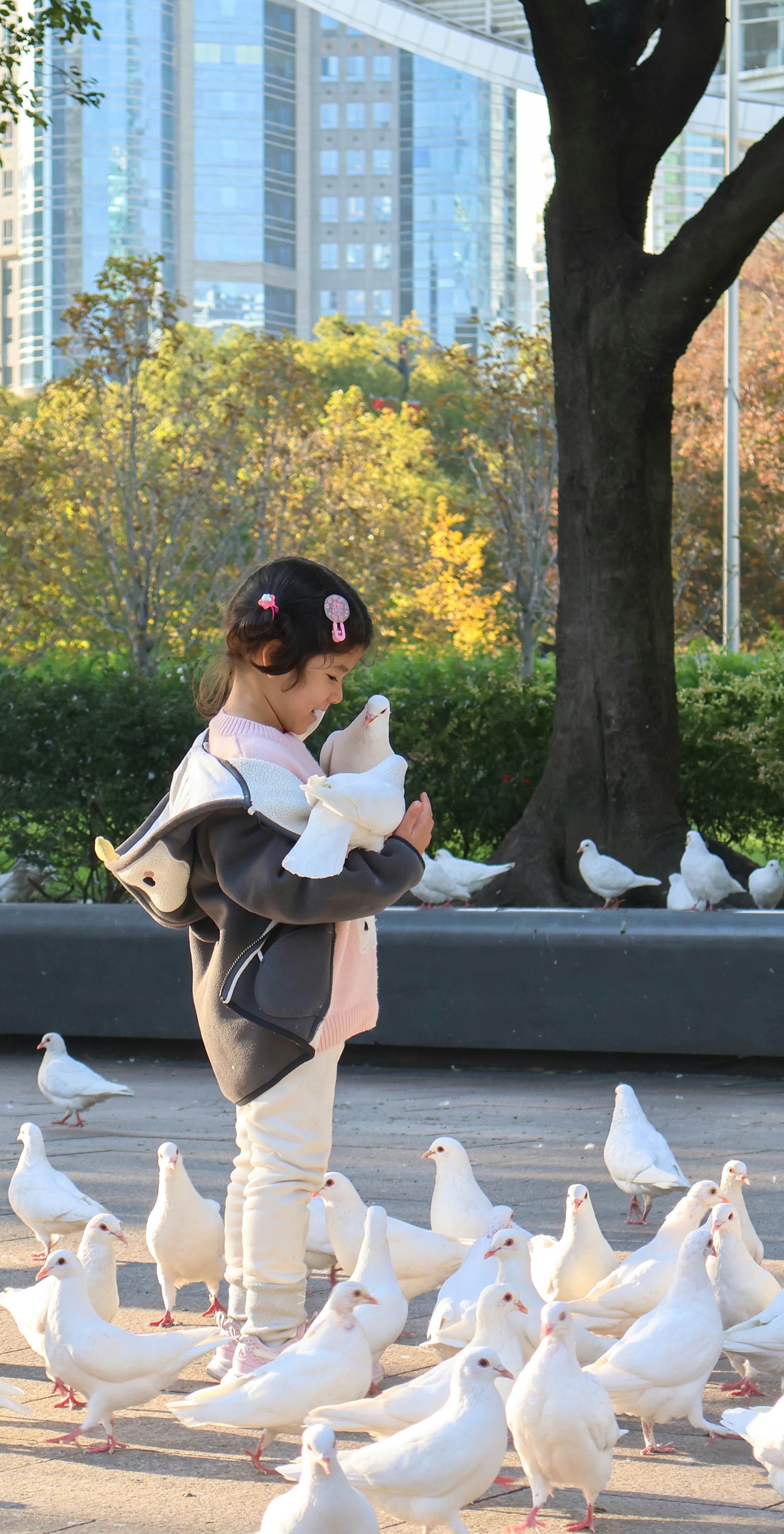 A young girl feeding pigeons in a park.