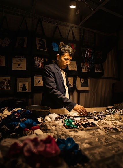 Man in suit arranging jewelry at a market stall