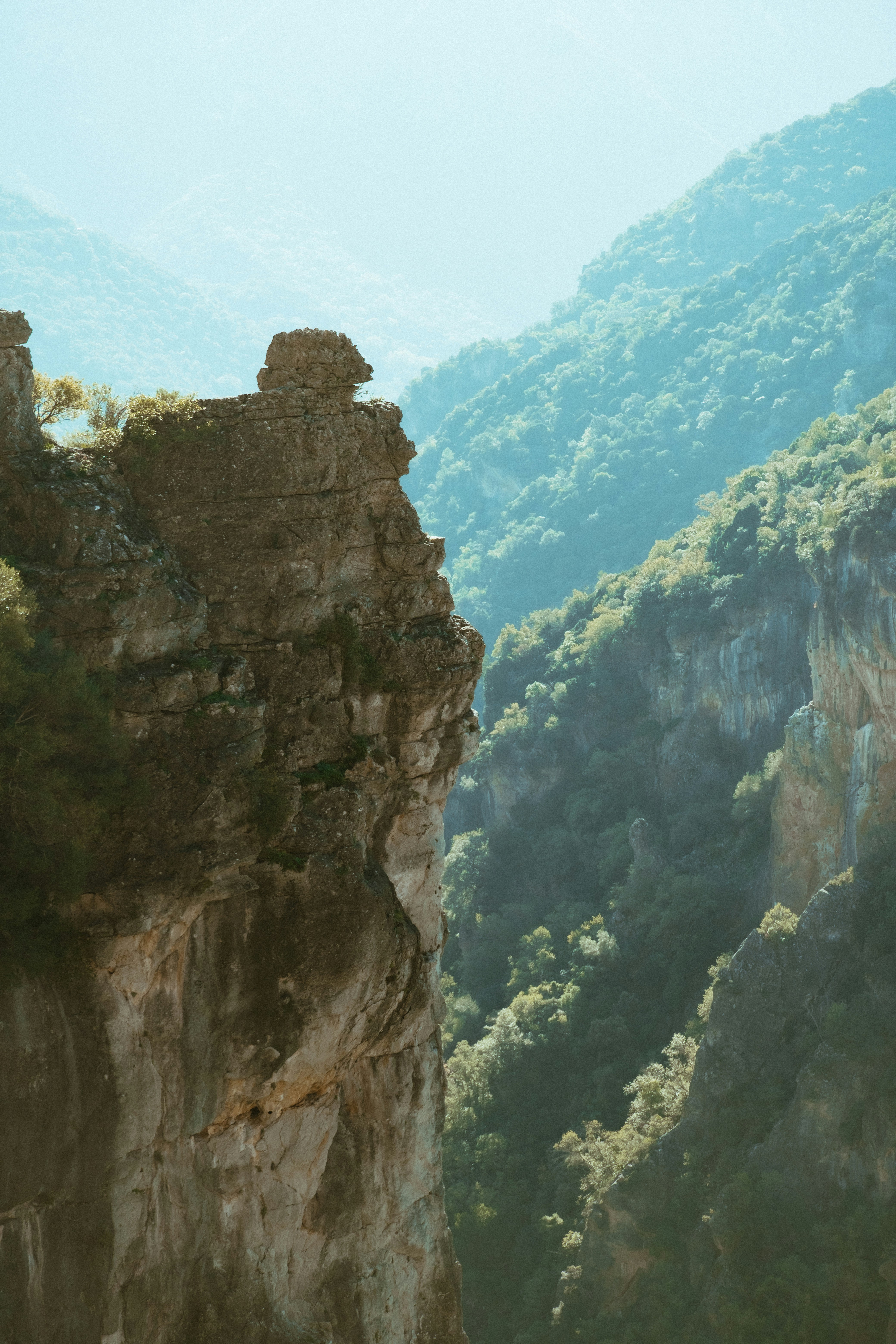 A rugged cliff face overlooks a lush, green mountain valley.