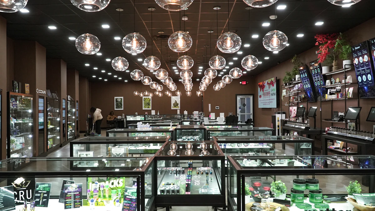 Cannabis dispensary interior with glass display cases and clearly labeled products on digital menu boards