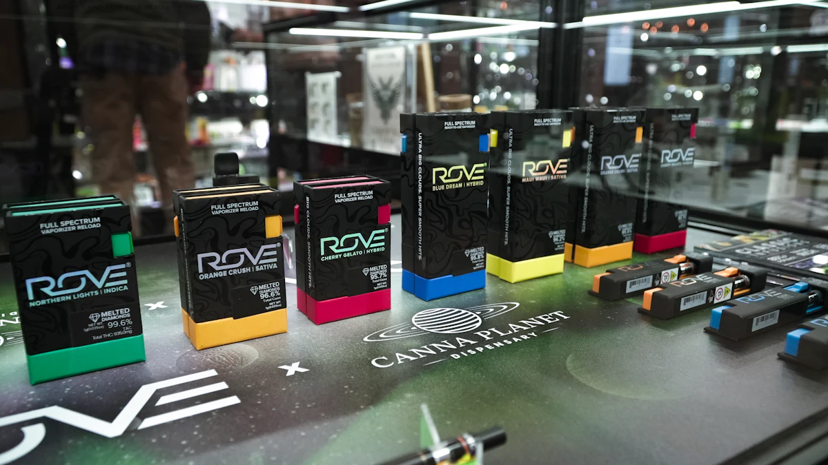 Row of boxed cannabis vape cartridges on a dispensary display counter