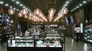 Modern retail store interior with display cases and lighting.
