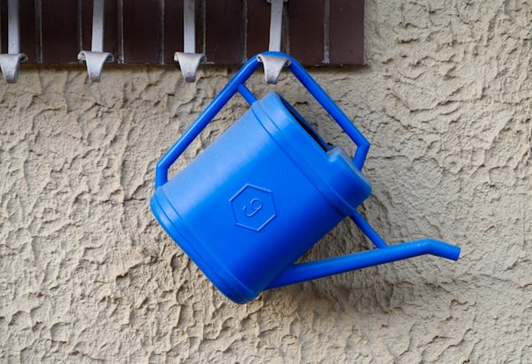 Blaue Gießkanne an einer Wand