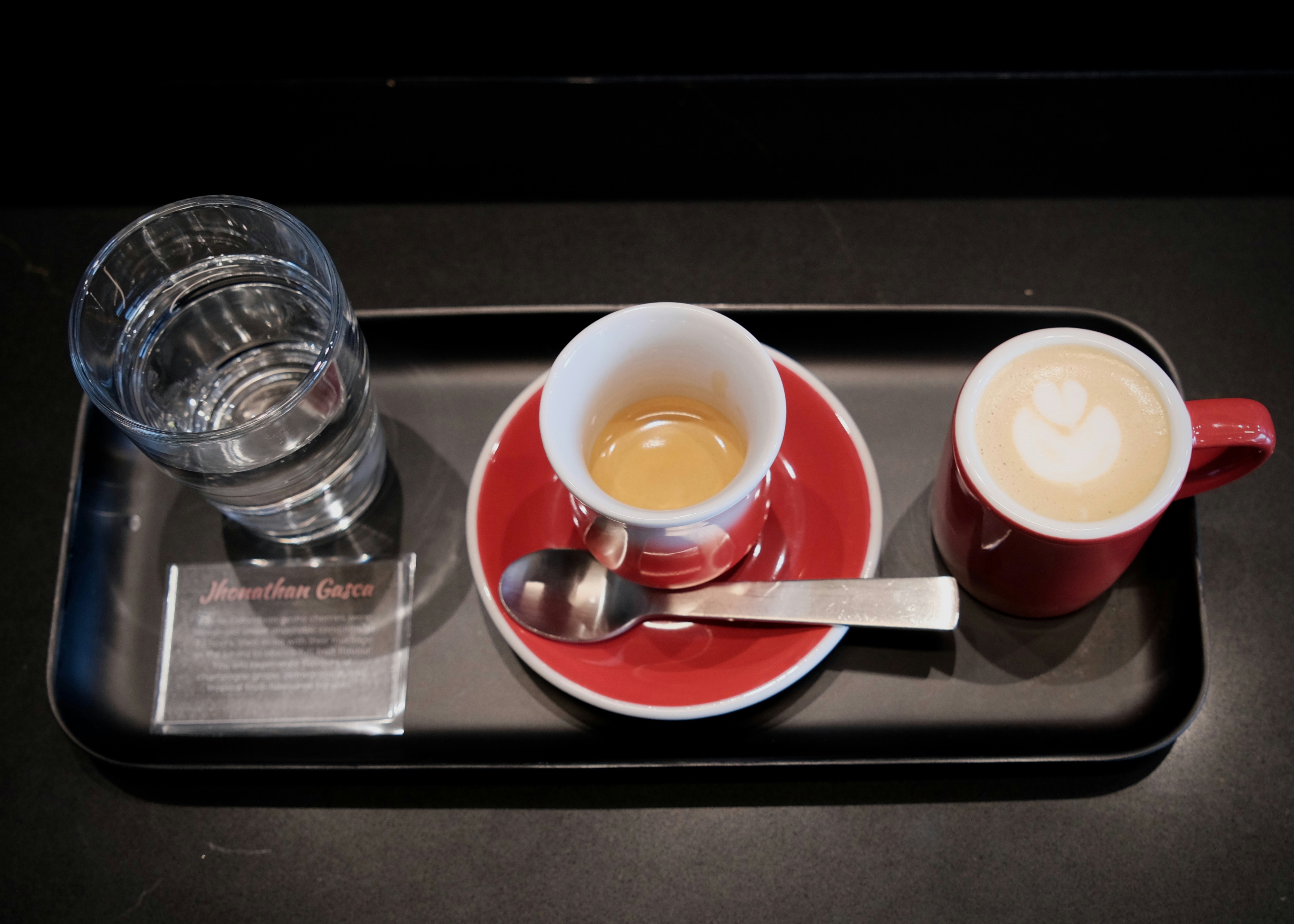 Espresso, latte, and water on a tray