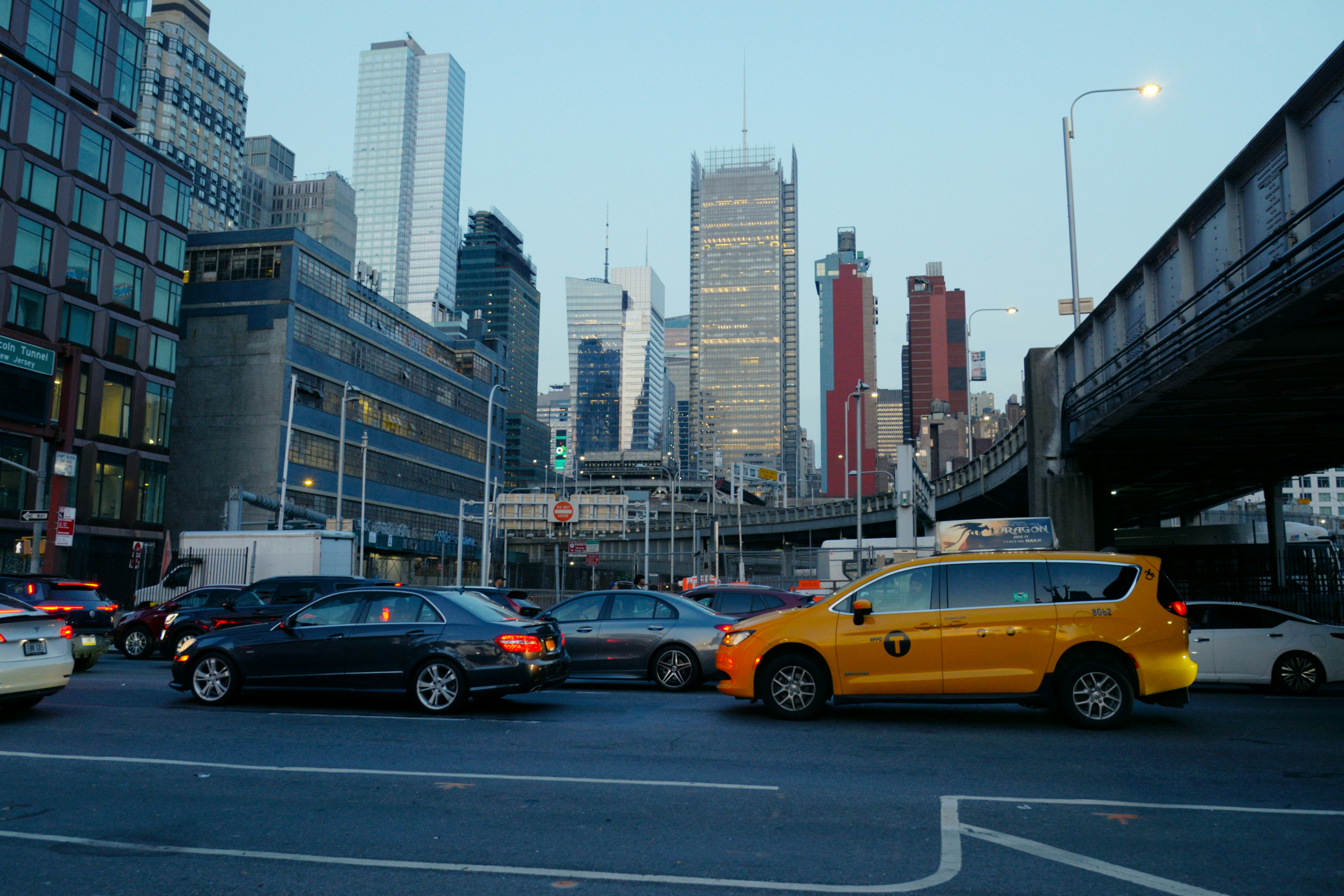 Traffic jam on a city street with skyscrapers