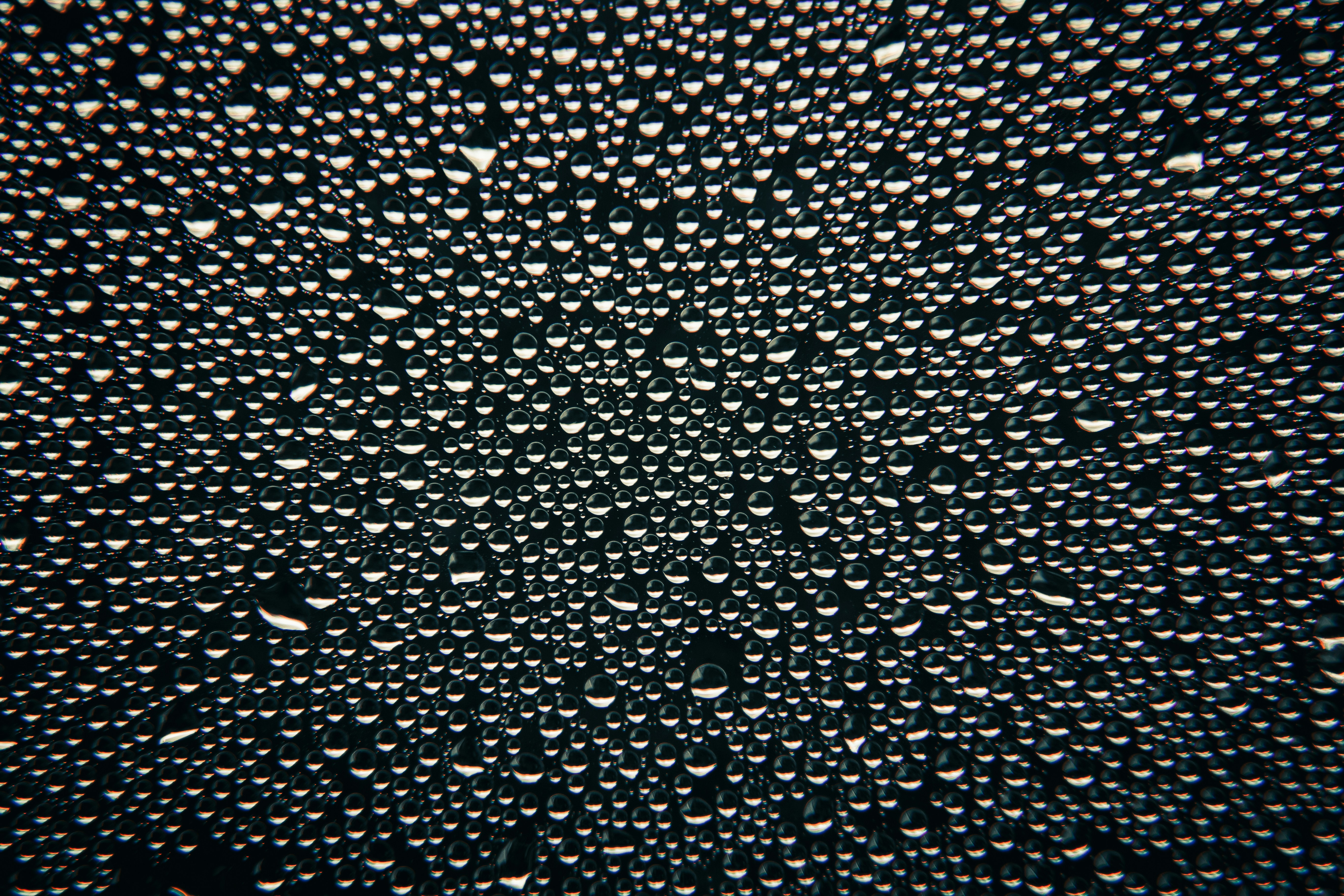 Close-up of water droplets on a dark surface.